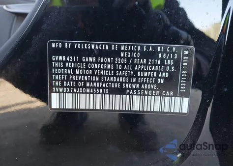 2013 Volkswagen Jetta 2.5L Se z USA, uszkodzony, nr VIN 3VWDX7AJXDM455015